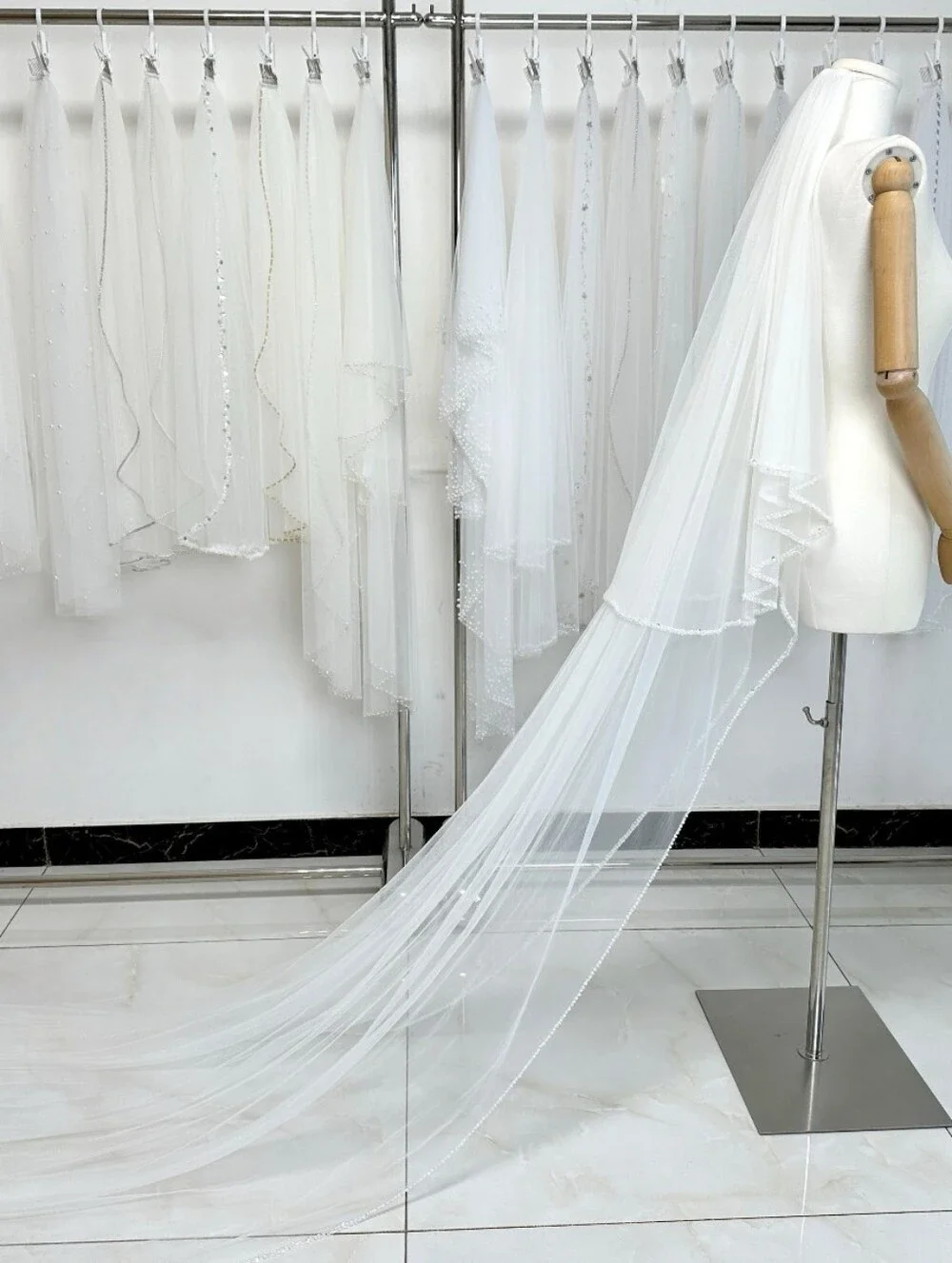 White Bridal Veil with Beaded Edge, Cathedral